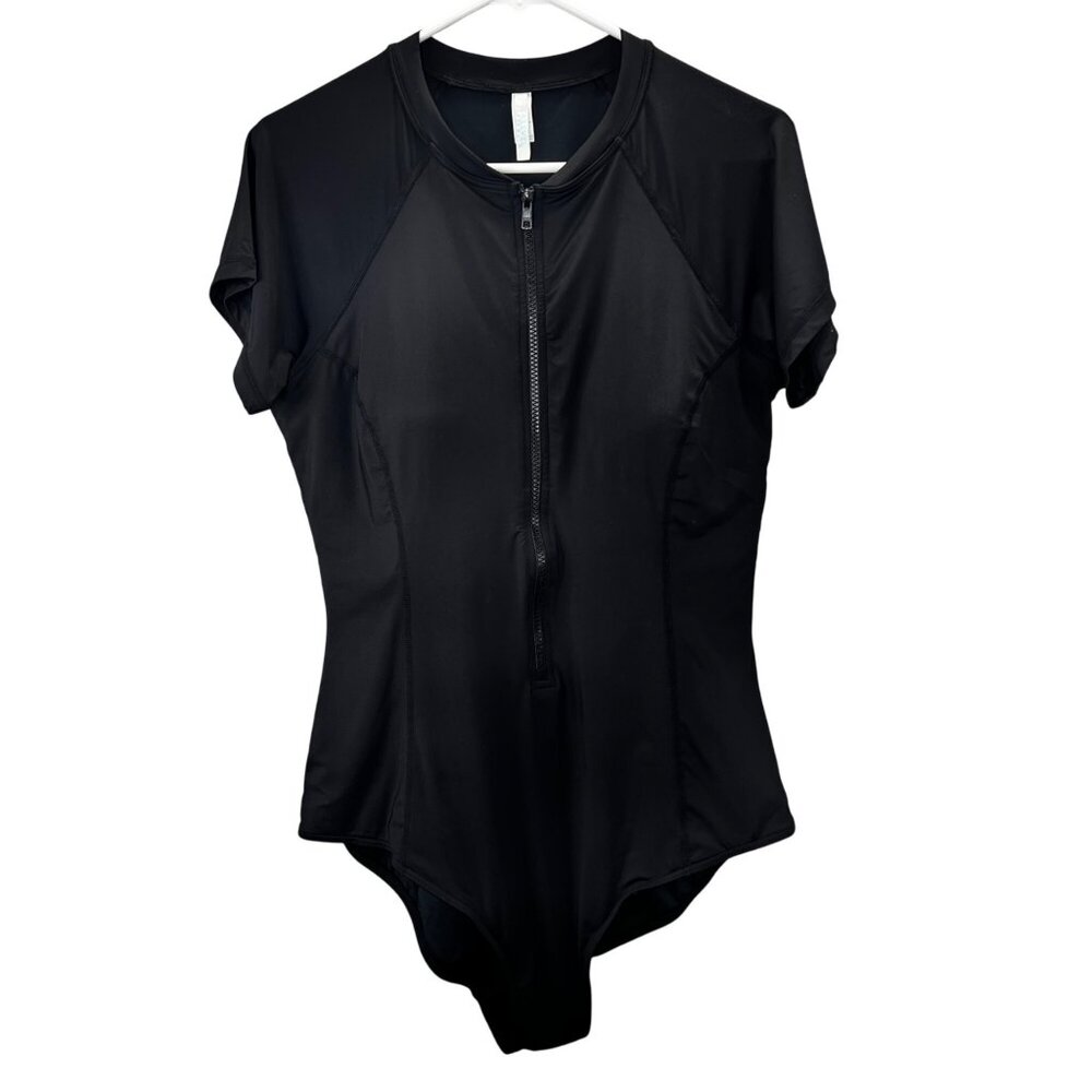 Sea Level Australia One Piece Swimsuit 14 US Black Short Sleeve Zip Front Cups